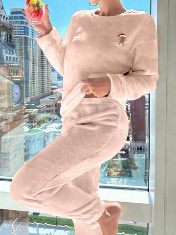 Men And Women Couple Fleece Pajama Set - Christmas Gingerbread Man Embroidery Design, Thickened for Autumn And Winter, Featuring a Round Neck Long Sleeve And Long Pants, Machine Washable (Single Piece Set)