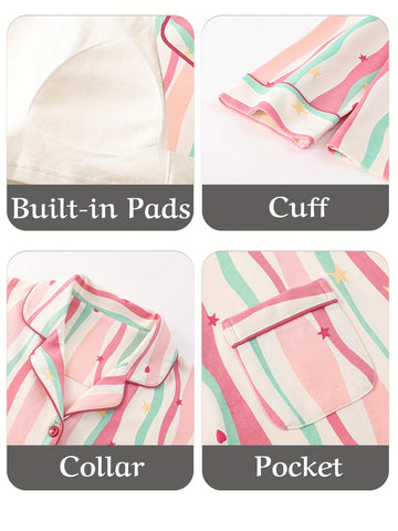 Couples' Pajama Set - Matching Long Sleeve Shirt & Pants Loungewear with Notch Collar & Button-Front Closure, Soft Striped All-Season Comfort, Unisex Full-Length Sleepwear for Men & Women, Cozy Casual Lounge Outfit (Striped Pattern, Easy Care)