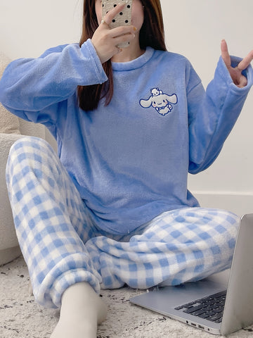 Sanrio Women'S Cozy Fleece Pajama Set - Cute Cartoon Dog & for Hello Kitty Pattern, Plaid Pants, Long Sleeve Top, All-Season Wear, Soft & Warm, Perfect for Teens, Cozy Loungewear | Cartoon Print Top | Soft Fabric Pajamas, Cute Pajamas
