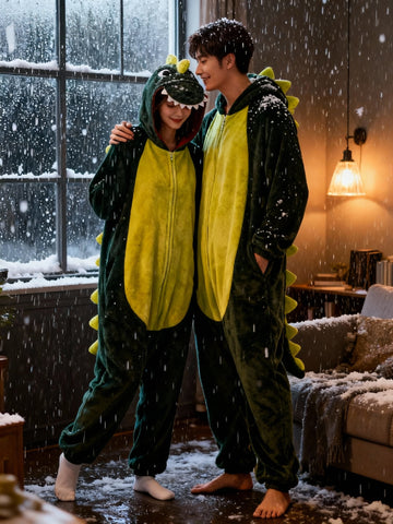 Roarsome Dinosaur Couple Onesie Set - Soft Flannel Matching Dinosaur Costume Pajamas with Hood, Long Sleeve Winter Sleepwear for Couples, Cute Animal Outfit with Spikes & Tail, Valentine'S Day & Anniversary Gift for Adults (Green\u002FYellow