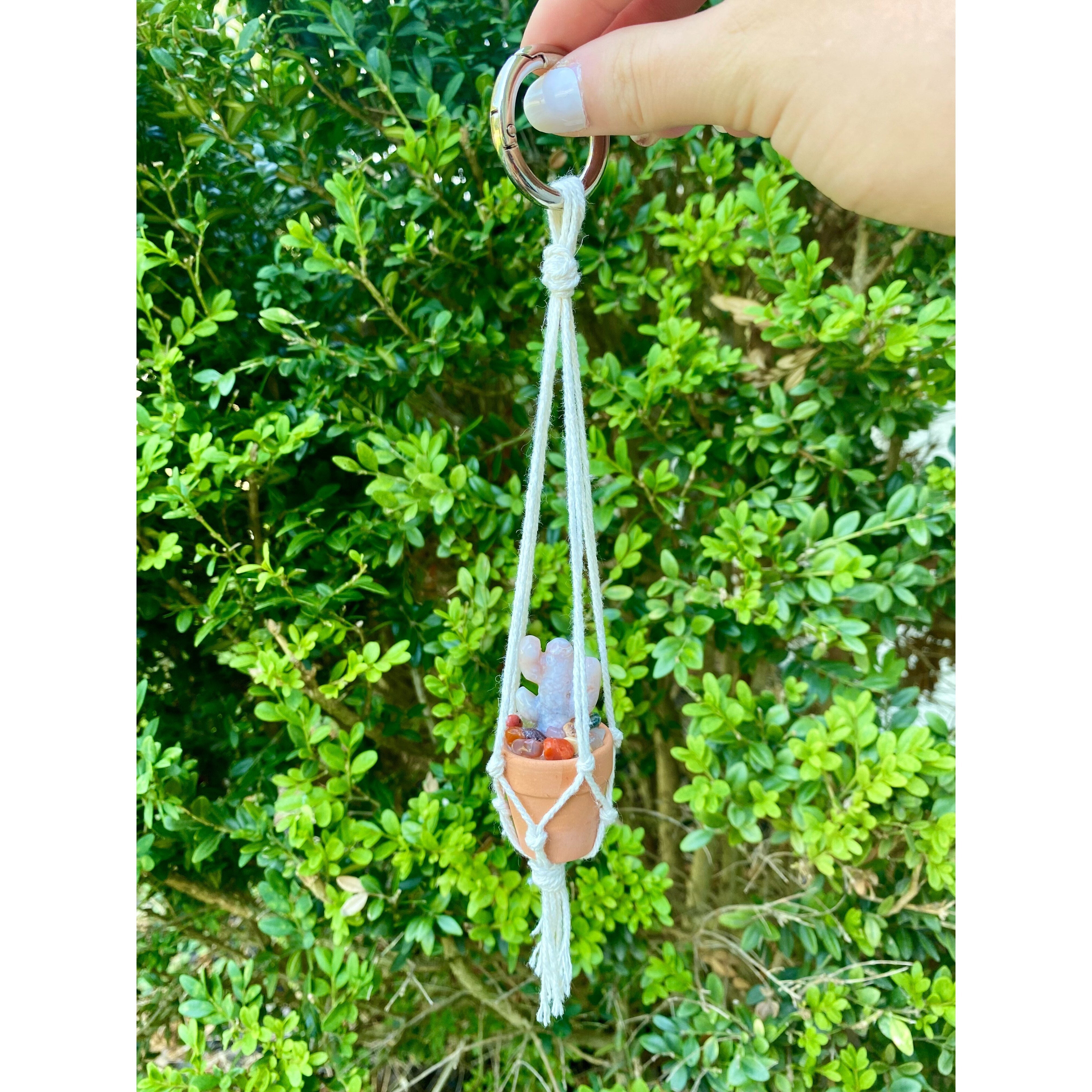 One Crystal Cactus Macramé Hanger| Rearview Mirror Decor| Crystal Carvings| Gemstones| Cactus Crystals| Terracotta Pots