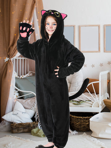 Girls Black Cat Onesie Pajamas Costume, Soft Plush Warm Sleepwear With Gloves And Cat Stickers, Perfect For Halloween, Cosplay, Dress Up, Role Play, Costume Parties, Themed Events, Winter Loungewear Outfit
