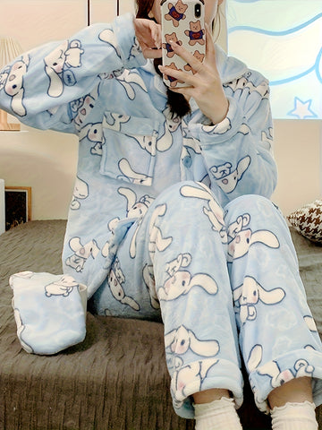 2pcs Sanrio Licensed Yu Gu Dog Pajama Sets - Cute Cartoon Winter & Autumn Thick Coral Fleece Pajamas with V-Neck & Long Sleeve, Cozy Full-Length Pajama Set for Teens, Birthday & Christmas Gifts (Sanrio Fans) - Home Wear Sleepwear, Loungewear Outfit