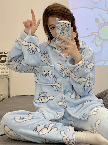 2pcs Sanrio Licensed Yu Gu Dog Pajama Sets - Cute Cartoon Winter & Autumn Thick Coral Fleece Pajamas with V-Neck & Long Sleeve, Cozy Full-Length Pajama Set for Teens, Birthday & Christmas Gifts (Sanrio Fans) - Home Wear Sleepwear, Loungewear Outfit