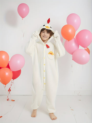 Boys' Rooster Pajamas - Hooded Long Sleeve Thick Fleece-Lined Winter Sleepwear with Details, Loose Fit Machine Washable Youngsters Party & Home Clothing for Autumn\u002FWinter, Boy Christmas Pajamas, Cozy Loungewear, Playful Design, Fleecelined Fabric