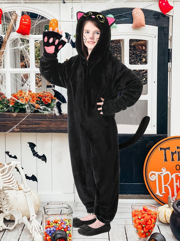 Girls Black Cat Onesie Pajamas Costume, Soft Plush Warm Sleepwear With Gloves And Cat Stickers, Perfect For Halloween, Cosplay, Dress Up, Role Play, Costume Parties, Themed Events, Winter Loungewear Outfit