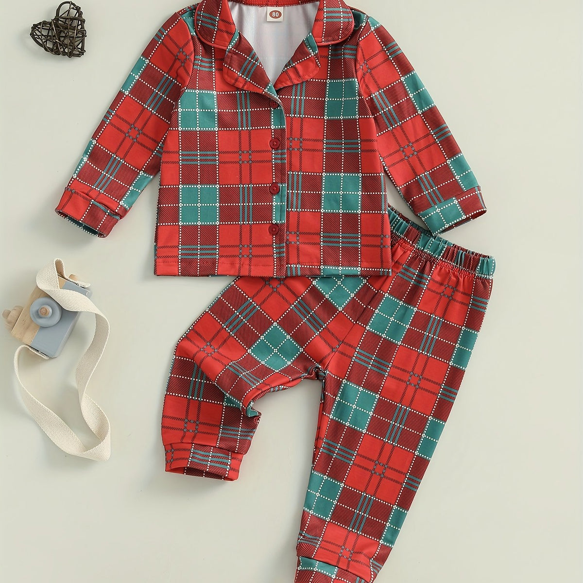 Cozy Cotton Blend Youngsters' Plaid Pajama Set with Button-Up Lapel Top & Long Pants - Cute Christmas Loungewear for Youngsters and Youngsters, Machine Washable
