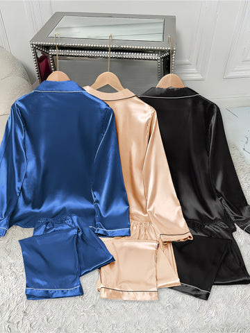 3pcs Women'S Satin Set - Casual Solid Color Long Sleeve Shirt & Elastic Waist Pants, Turn- Collar, Button Detail, Polyester, Autumn Winter Pajamas, Comfortable Loungewear|Casual Style|Polyester Fabric