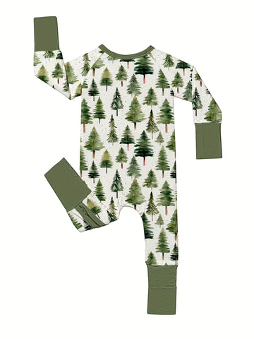 Christmas Baby Romper Bamboo Fiber Christmas Tree Forest Baby Romper | Double-Headed Zipper, Footed, Loose Fit, High Elasticity, Crew Neck - All-Season Comfort, Sleepwear, Newborn Clothing, Cozy Babywear, Perfect for Outdoor