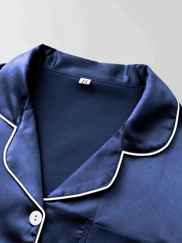 3pcs Women'S Satin Set - Casual Solid Color Long Sleeve Shirt & Elastic Waist Pants, Turn- Collar, Button Detail, Polyester, Autumn Winter Pajamas, Comfortable Loungewear|Casual Style|Polyester Fabric