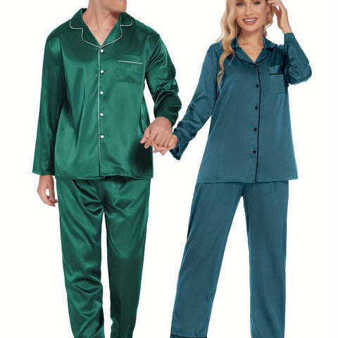 Couples Matching Pajamas Silky Long Sleeve Sleepwear Satin Soft Button Down Loungewear Pjs Set S-XXL   Pajama Set  2 Piece Lounge Set Tops and long Soft Sleepwear Chest Pocket   matching pajama pants set for couples gift for Valentine's Day