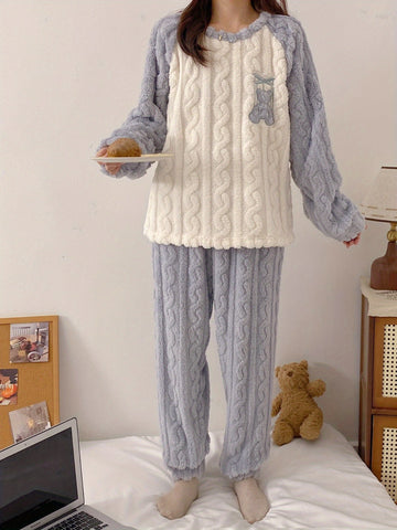 Youth Winter Warm Fleece Pajamas Set, Cute Bear Pattern Casual Home Wear Set, For Teenager