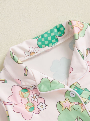 Kids Toddler Spring Pajama Sets Shamrock Pattern Button V Neck Long Sleeve Tops and Pants Lounge Wear 2pcs Set