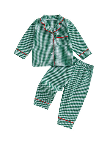 Girl 2pcs Christmas Pajamas Long Sleeve Plaid Print Shirt + Pants Set Sleepwear