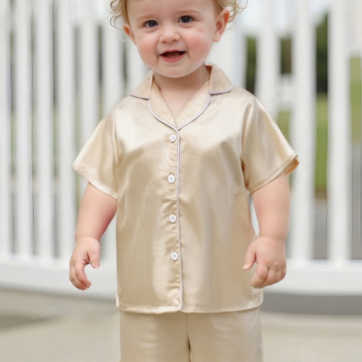 Youngsters Youngsters Youngsters Girl Summer Pajamas Set Silky Solid Color Short Sleeve Lapel V Neck Button Shirt Top Ribbon Elastic Waist Ruffle Shorts 2pcs Lounge Outfit