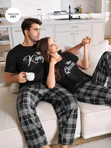Couple'S Matching Pajamas Set - His & Hers - King & Queen Crown & Lettering - Soft Winter Sleepwear - Couples Costume Party Outfit - Easy-Care Machine Washable - Anniversary Valentine'S Gift for Couples - Couple'S Sleepwear Set