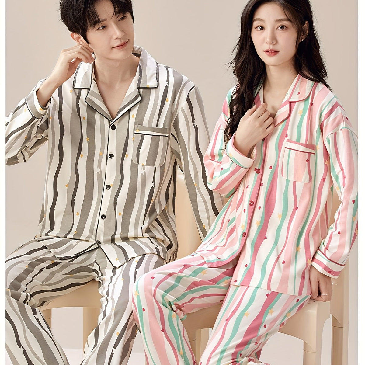 Couples' Pajama Set - Matching Long Sleeve Shirt & Pants Loungewear with Notch Collar & Button-Front Closure, Soft Striped All-Season Comfort, Unisex Full-Length Sleepwear for Men & Women, Cozy Casual Lounge Outfit (Striped Pattern, Easy Care)