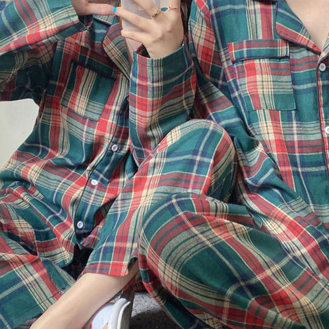 Christmas Couple's Long Sleeve Vintage Plaid Print Pajama Set Open Front Button-Up Top and Pants