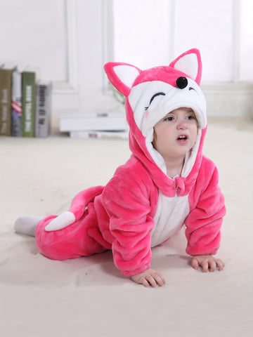 Red Fox Onesie For Baby Boys And Girls, Warm Spring&Autumn Hooded Jumpsuit For Toddlers, Cartoon Animal Fancy Party Wear For Kids, Infant Flannel For Halloween