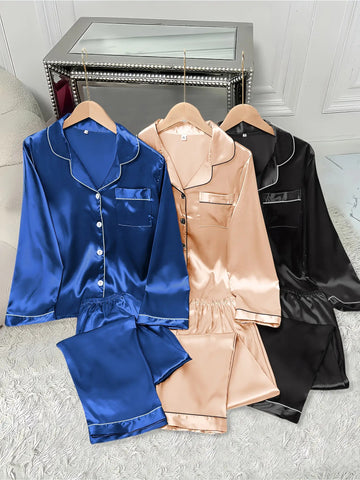 3pcs Women'S Satin Set - Casual Solid Color Long Sleeve Shirt & Elastic Waist Pants, Turn- Collar, Button Detail, Polyester, Autumn Winter Pajamas, Comfortable Loungewear|Casual Style|Polyester Fabric