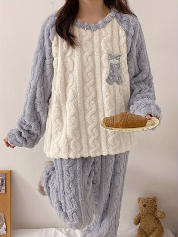 Youth Winter Warm Fleece Pajamas Set, Cute Bear Pattern Casual Home Wear Set, For Teenager