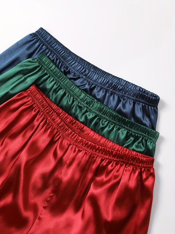 3 Sets Women's Solid Satin Casual Pajama Set, Long Sleeve Buttons Lapel Top & Pants, Comfortable Relaxed Fit For Autumn & Winter