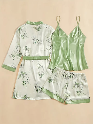 5pcs Satin Pajama Set, Including Outerwear, Long Camisole, Short Camisole, Pants, Shorts, Women's Sleepwear&home Wear, Camisole Sleepwear Simple, Fashionable, Comfortable And Loose Pajama Set