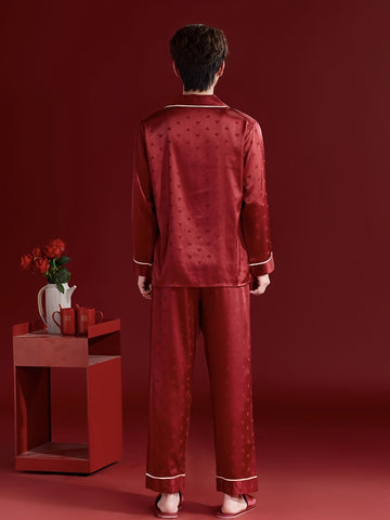 Christmas Love Heart Men's Pajamas Couple Set, Autumn-Winter Wedding Style Long Sleeve and Pants Set