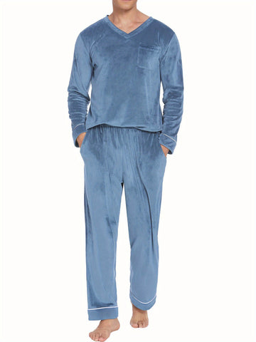 ELESOL Unisex Velvet Pajama Set, Casual V-Neck Long Sleeve Knit Fabric Sleepwear, Polyester & Spandex Blend, Solid Color Loungewear with Pockets, for Fall\u002FWinter