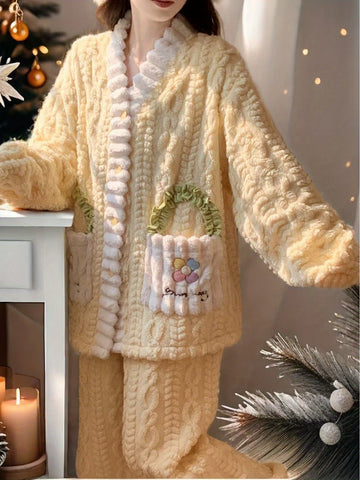 Cartoon Embroidered Pocket Contrast Coral Fleece Set, Autumn and Winter Women'S 2025 New Model Velvet Thickened Warm Pajama Outfit