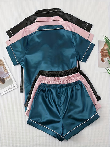 Ladies' Satin Plain Elegant Home Pajama Set