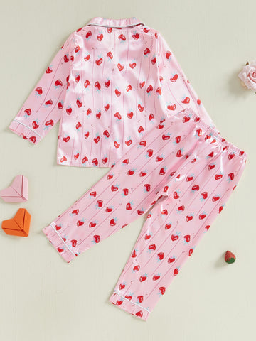 Little Girl Valentines Day Pajama Set Heart Print Long Sleeve Button-up Tops Long Pants 2pcs Sleepwear Outfit