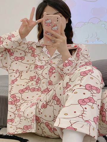 2pcs Sanrio Genuine Authorization, Hello Kitty Cartoon Pajama Set, Spring And Autumn Long-sleeved Set, Long-sleeved Sweet Cartoon Loungewear, Thin Pajama Set, A Must-have Choice for Valentine's Day Gifts for Girlfriends And Family
