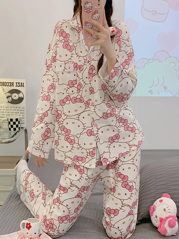 2pcs Sanrio Genuine Authorization, Hello Kitty Cartoon Pajama Set, Spring And Autumn Long-sleeved Set, Long-sleeved Sweet Cartoon Loungewear, Thin Pajama Set, A Must-have Choice for Valentine's Day Gifts for Girlfriends And Family