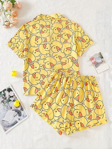 Summer Youth Girls' Pajamas Short Sleeve Cardigan Yellow Bottom Cartoon Yellow Duck Print Boys And Girls Can Wear Outerwear 2pcs Home Clothing Set