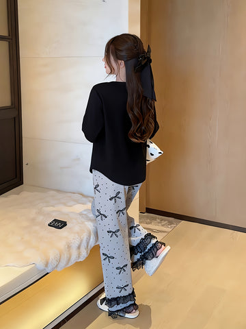 2pcs Sanrio Genuine Authorization, for Hello Kitty Cartoon Loungewear Set, Spring And Autumn Long-sleeved Loose Set, for Hello Kitty Sweet, Bow Lace Pajama Set, The Best Gift For Friends And Girlfriends