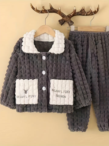 Boys' 2pcs Fall\u002FWinter Pajama Set, Casual Lapel Collar Knit Polyester Sleepwear with Alphabet Pattern, Thick Fleece-Lined with Pockets and Buttons, Regular Fit