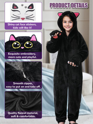 Girls Black Cat Onesie Pajamas Costume, Soft Plush Warm Sleepwear With Gloves And Cat Stickers, Perfect For Halloween, Cosplay, Dress Up, Role Play, Costume Parties, Themed Events, Winter Loungewear Outfit