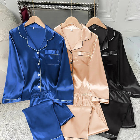 3pcs Women'S Satin Set - Casual Solid Color Long Sleeve Shirt & Elastic Waist Pants, Turn- Collar, Button Detail, Polyester, Autumn Winter Pajamas, Comfortable Loungewear|Casual Style|Polyester Fabric