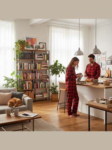 2pcs Men'S Red & Black Plaid Pajama Set - Long Sleeve Button-Up Shirt-Style Sleepwear with Chest Pocket, Cozy All-Season Matching Couples & Family Christmas & Valentine'S Day Gift, Classic Collar & Durable Fabric (Ideal for Holiday Photos & Casual L