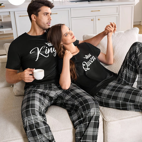 Couple'S Matching Pajamas Set - His & Hers - King & Queen Crown & Lettering - Soft Winter Sleepwear - Couples Costume Party Outfit - Easy-Care Machine Washable - Anniversary Valentine'S Gift for Couples - Couple'S Sleepwear Set
