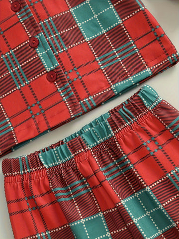 Cozy Cotton Blend Youngsters' Plaid Pajama Set with Button-Up Lapel Top & Long Pants - Cute Christmas Loungewear for Youngsters and Youngsters, Machine Washable