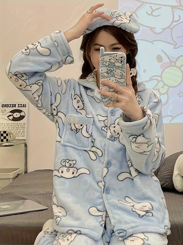 2pcs Sanrio Licensed Yu Gu Dog Pajama Sets - Cute Cartoon Winter & Autumn Thick Coral Fleece Pajamas with V-Neck & Long Sleeve, Cozy Full-Length Pajama Set for Teens, Birthday & Christmas Gifts (Sanrio Fans) - Home Wear Sleepwear, Loungewear Outfit