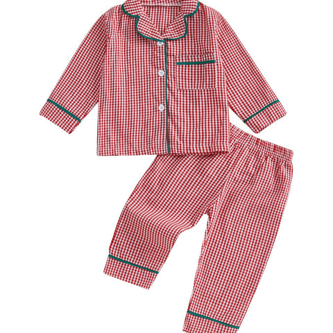 Girl 2pcs Christmas Pajamas Long Sleeve Plaid Print Shirt + Pants Set Sleepwear