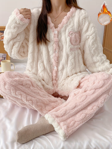 Teen'S Cozy Winter Plush Pajama Set with Bear Letter Print - Soft Pink & White Flannel Sleepwear, Long Sleeve Pajamas with Button Front, Perfect for Casual Home Wear, Bear Pajamas, Winter Sleepwear, Plush Flannel Fabric
