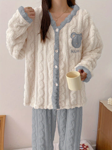Teen'S Cozy Winter Plush Pajama Set with Bear Letter Print - Soft Pink & White Flannel Sleepwear, Long Sleeve Pajamas with Button Front, Perfect for Casual Home Wear, Bear Pajamas, Winter Sleepwear, Plush Flannel Fabric
