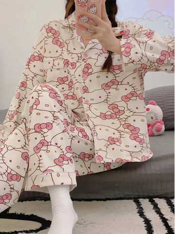 2pcs Sanrio Genuine Authorization, Hello Kitty Cartoon Pajama Set, Spring And Autumn Long-sleeved Set, Long-sleeved Sweet Cartoon Loungewear, Thin Pajama Set, A Must-have Choice for Valentine's Day Gifts for Girlfriends And Family