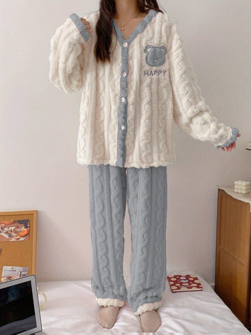 Teen'S Cozy Winter Plush Pajama Set with Bear Letter Print - Soft Pink & White Flannel Sleepwear, Long Sleeve Pajamas with Button Front, Perfect for Casual Home Wear, Bear Pajamas, Winter Sleepwear, Plush Flannel Fabric