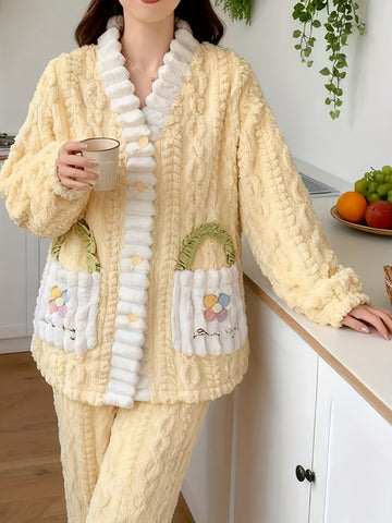 Cartoon Embroidered Pocket Contrast Coral Fleece Set, Autumn and Winter Women'S 2025 New Model Velvet Thickened Warm Pajama Outfit