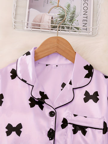 Cute Bow Print Sleepwear For Spring And Autumn, Comfortable Cardigan With Collar, Long Sleeved Top, Long Pants, Sizes 130-160, Medium To Large Children'S And Girls' Set, Home Wear